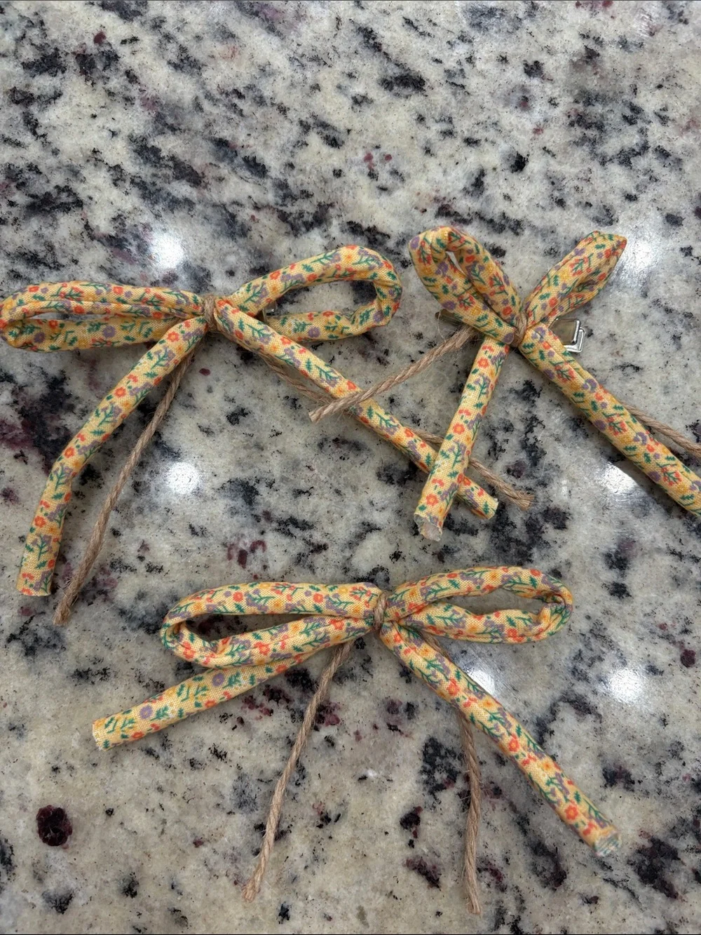 Floral Yellow Fabric Bow Hair Clips - Set of 3